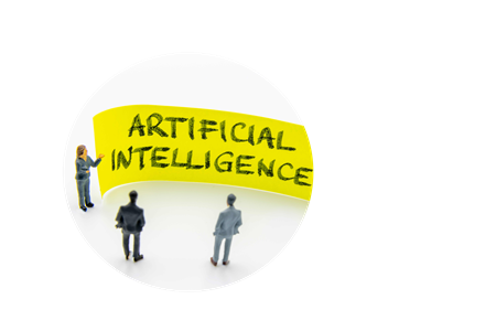 Figures in front of yellow sign reading artificial intelligence